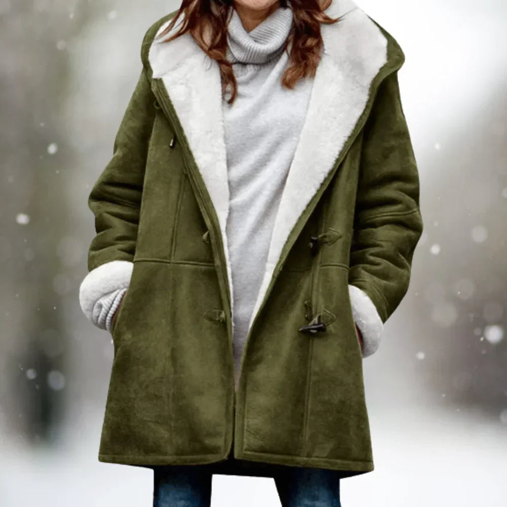 Women's Shearling Coat - Suede Exterior - Plush Lining - Oversized Fit - Hooded & Warm