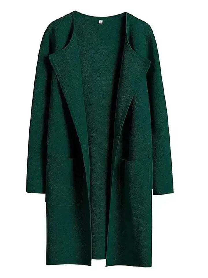 Women’s Knee-Length Coat – Wool Blend – Relaxed Fit – Wide Lapel – Patch Pockets