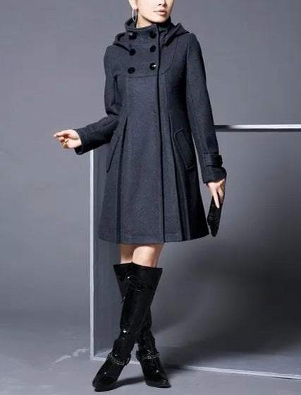 Women's Long Coat - Wool Blend - Double-Breasted - Tailored A-Line Fit - High Collar