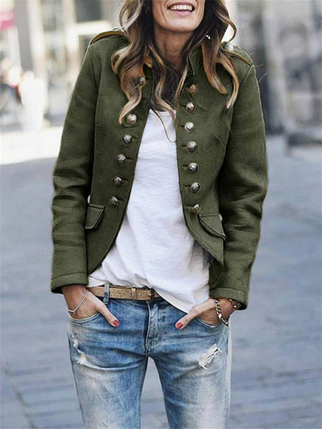 Women’s Military Jacket – Structured Fit – Button Front – Epaulettes – Hip Length