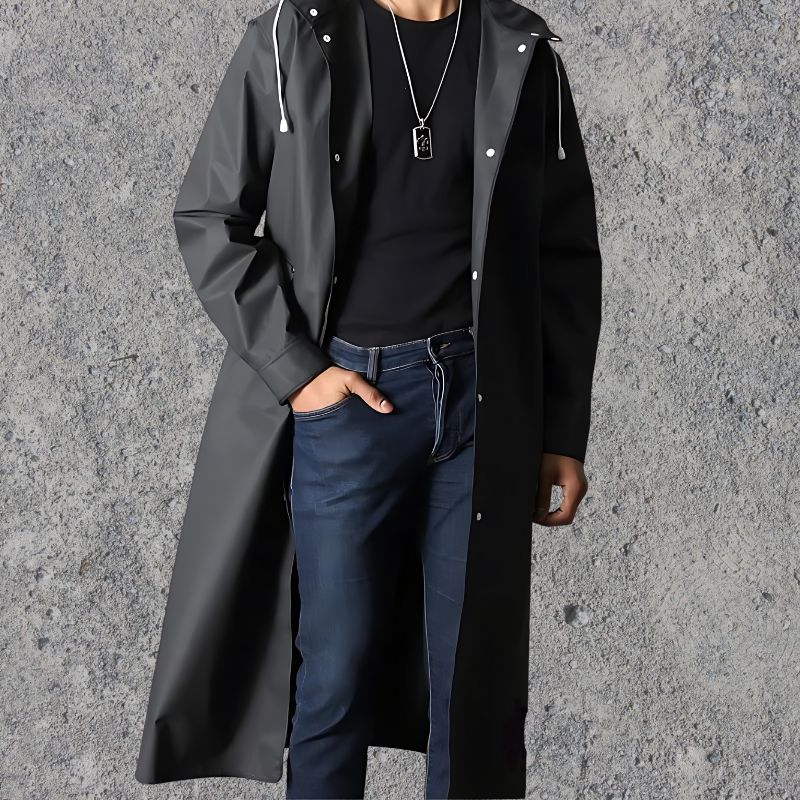 Men’s Raincoat – Waterproof – Hooded – Knee-Length – Button-Up – Lightweight