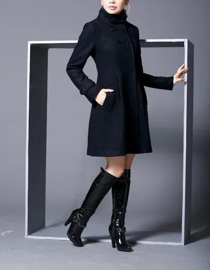 Women's Long Coat - Wool Blend - Double-Breasted - Tailored A-Line Fit - High Collar