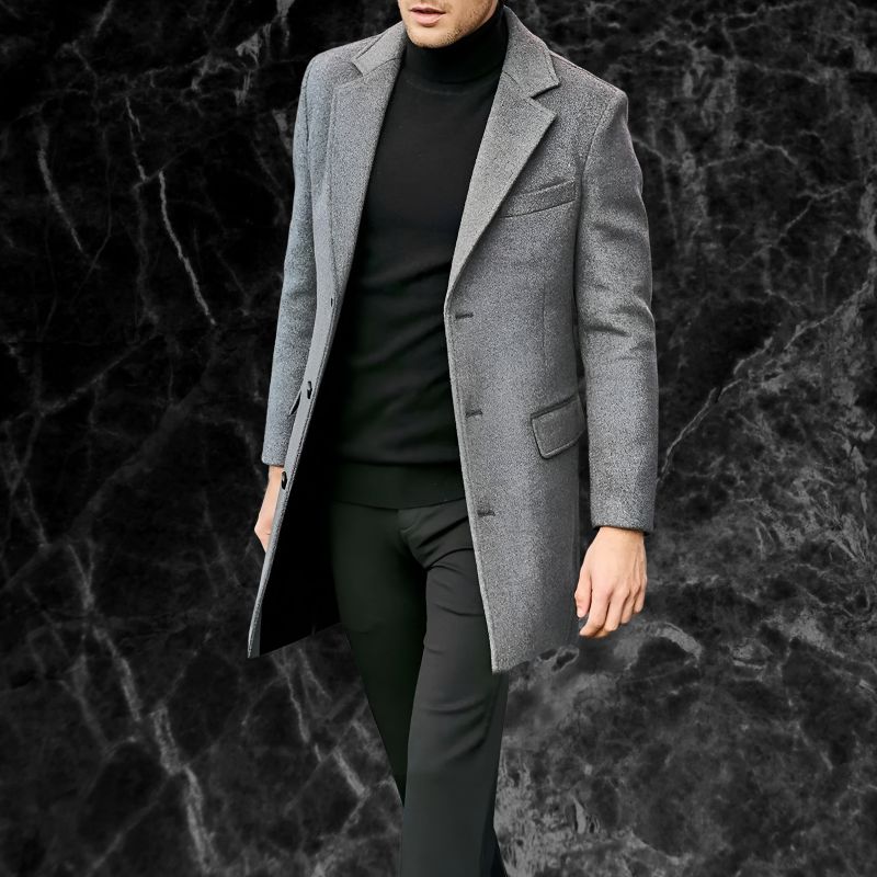 Men’s Overcoat - Wool Blend - Knee Length - Notched Lapel - Flap Pockets