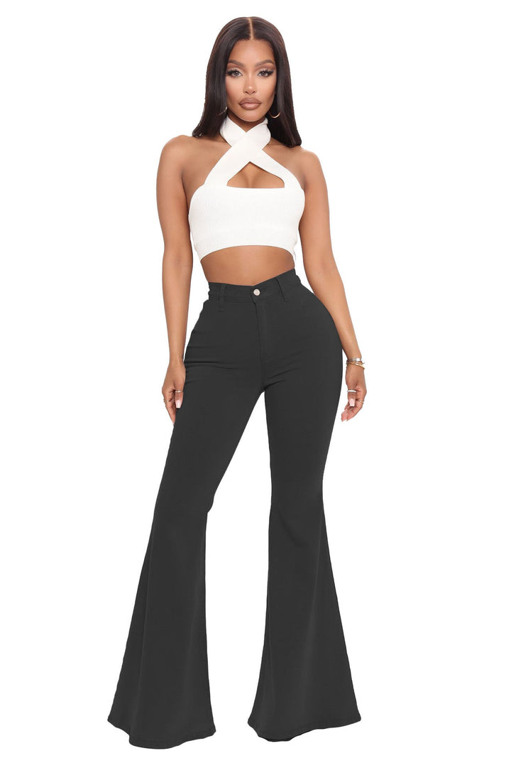 Women's Flared High-Waist Jeans – Retro Wide-Leg Denim with Raw Hem