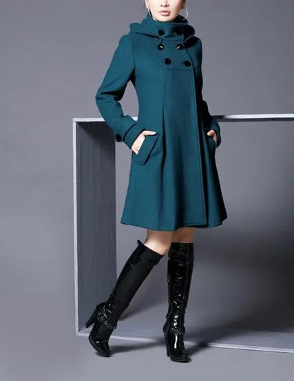 Women's Long Coat - Wool Blend - Double-Breasted - Tailored A-Line Fit - High Collar