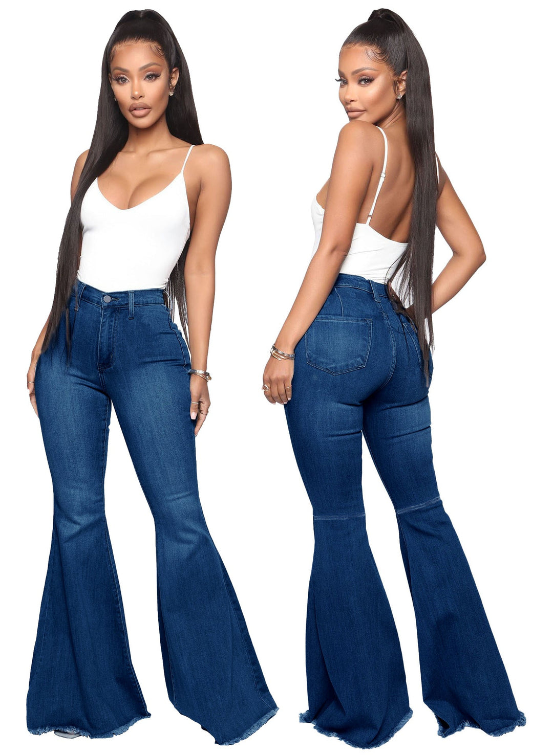 Women's Flared High-Waist Jeans – Retro Wide-Leg Denim with Raw Hem
