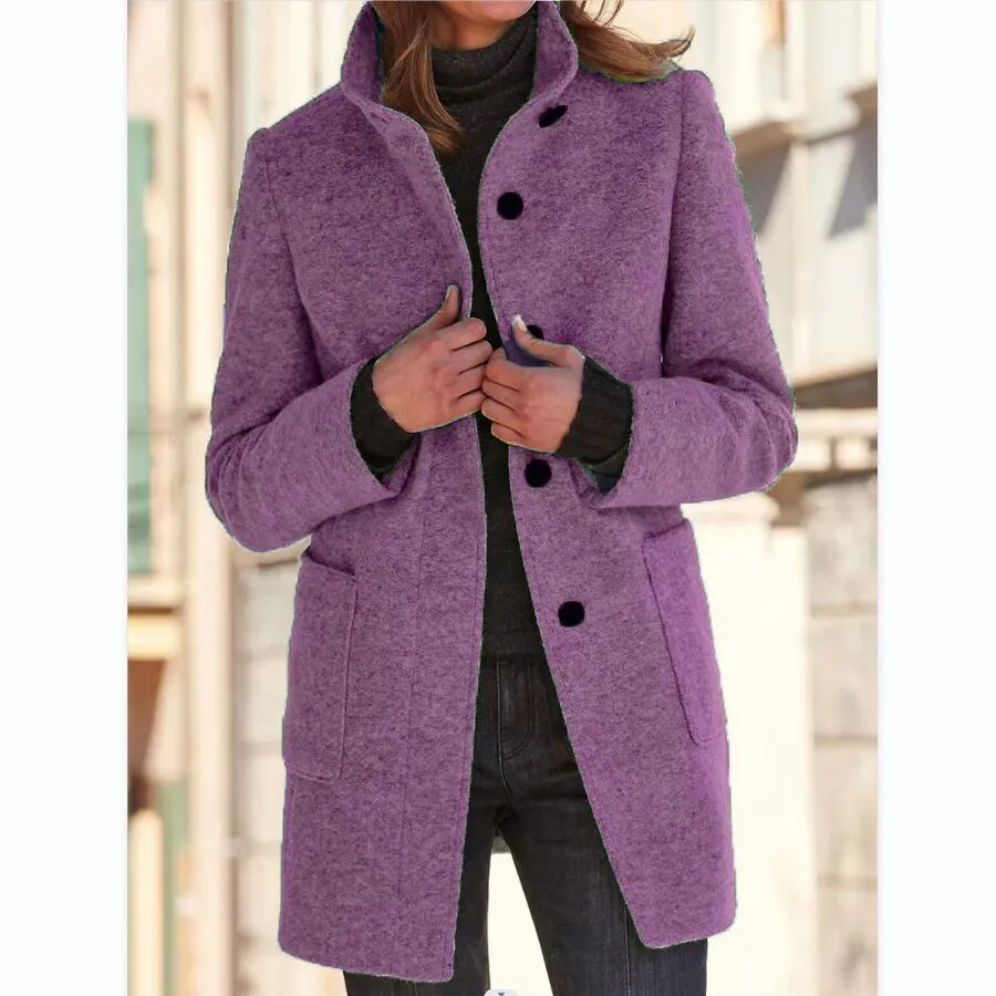 Gray Wool Coat with Stand Collar and Pockets