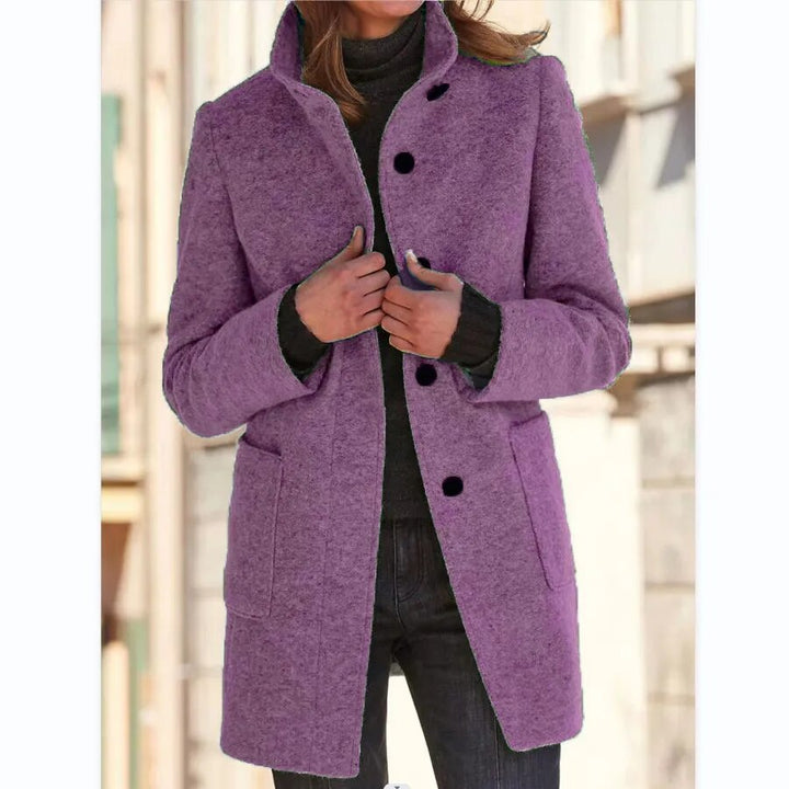 Gray Wool Coat with Stand Collar and Pockets