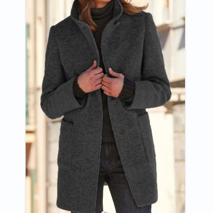 Gray Wool Coat with Stand Collar and Pockets
