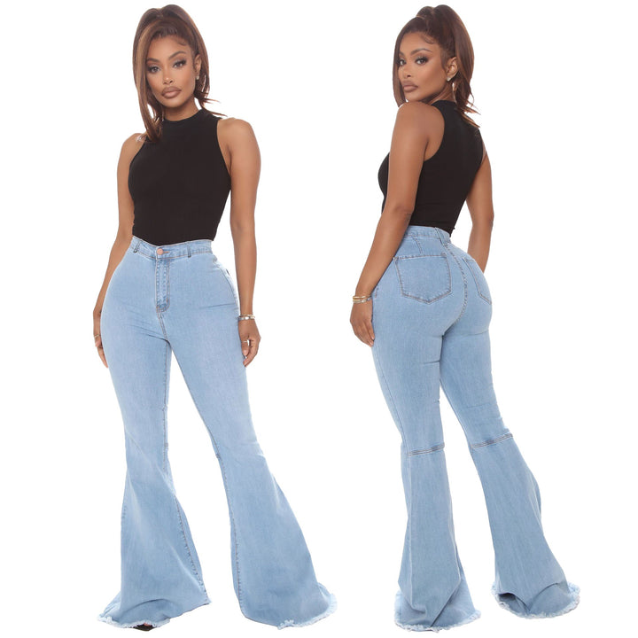 Women's Flared High-Waist Jeans – Retro Wide-Leg Denim with Raw Hem