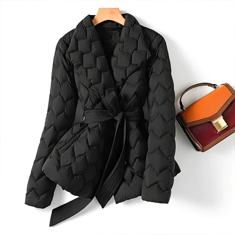 Women's Quilted Jacket - Belted Waist - Tailored Fit - Notched Lapel - Warm & Stylish