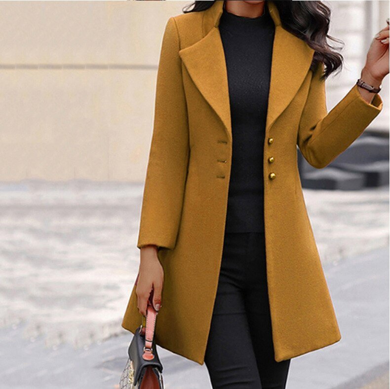Women's Tailored Coat - Wool Blend - Mid-Thigh Length - Notched Lapel - Button-Up