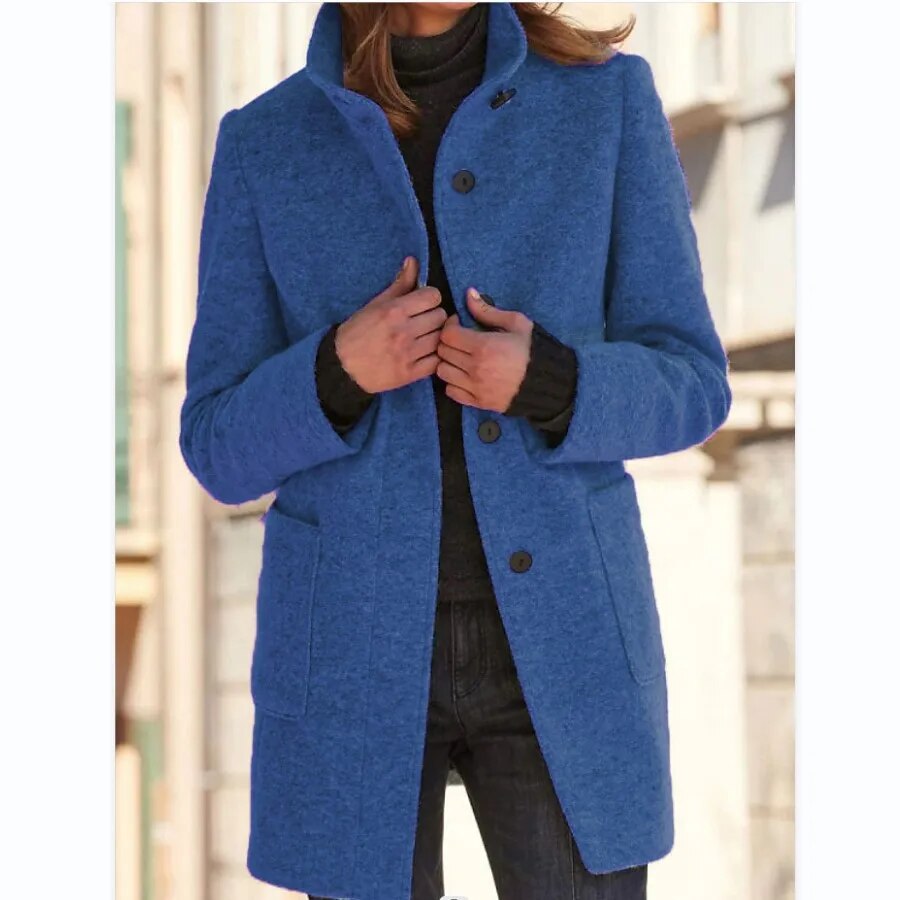 Gray Wool Coat with Stand Collar and Pockets
