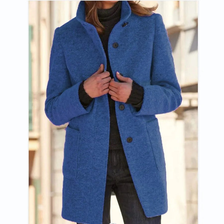 Gray Wool Coat with Stand Collar and Pockets